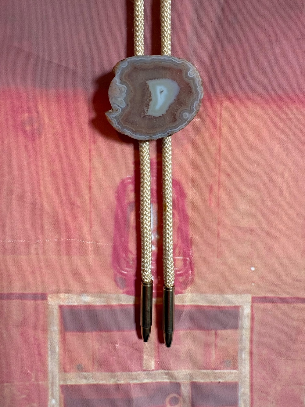 Vintage Agate Slice Bolo Tie Cream Gold Tone Western Boho